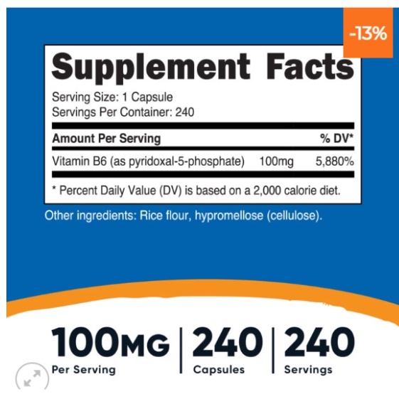 ( Loại 100mg - 240 viên ) Thực phẩm bổ sung thể hình Nutricost P5P Vitamin B6 100mg, 240 Viên