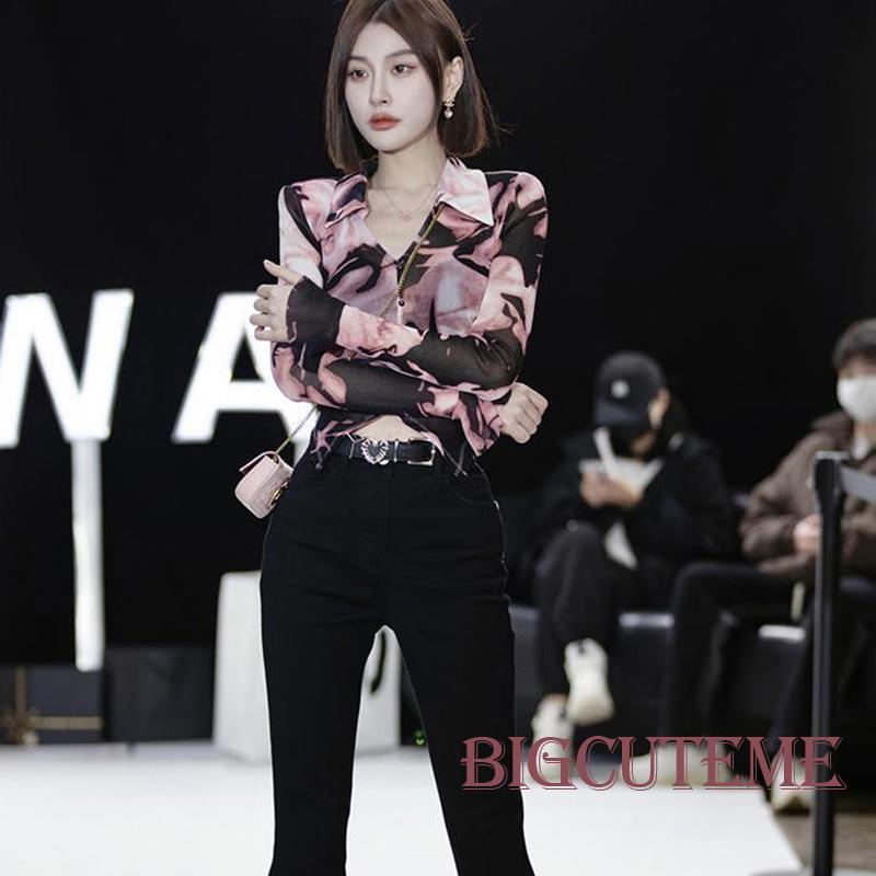 Áo Croptop Lưới Tay Dài Cổ Chữ V Màu Nhuộm Trang Trí Nút Giả Kiểu Đường Phố Cho Bạn Gái