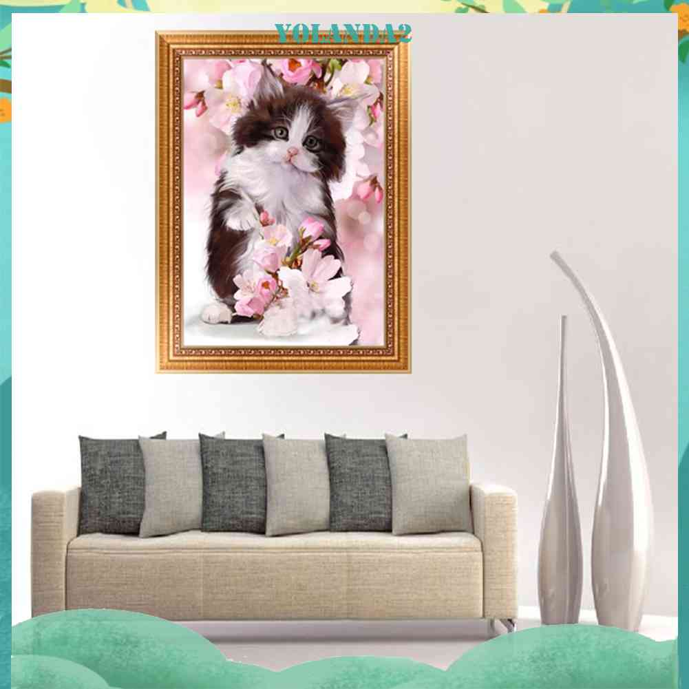 Tranh Thêu Trang Trí Thủ Công 5D Hình Mèo Và Hoa (Mũi Thêu Hình X)