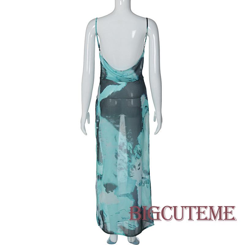 Đầm Dài Chiffon Sát Nách Hở Lưng Cổ Chữ V Họa Tiết Màu Nhuộm Thời Trang Mùa Hè Cho Nữ