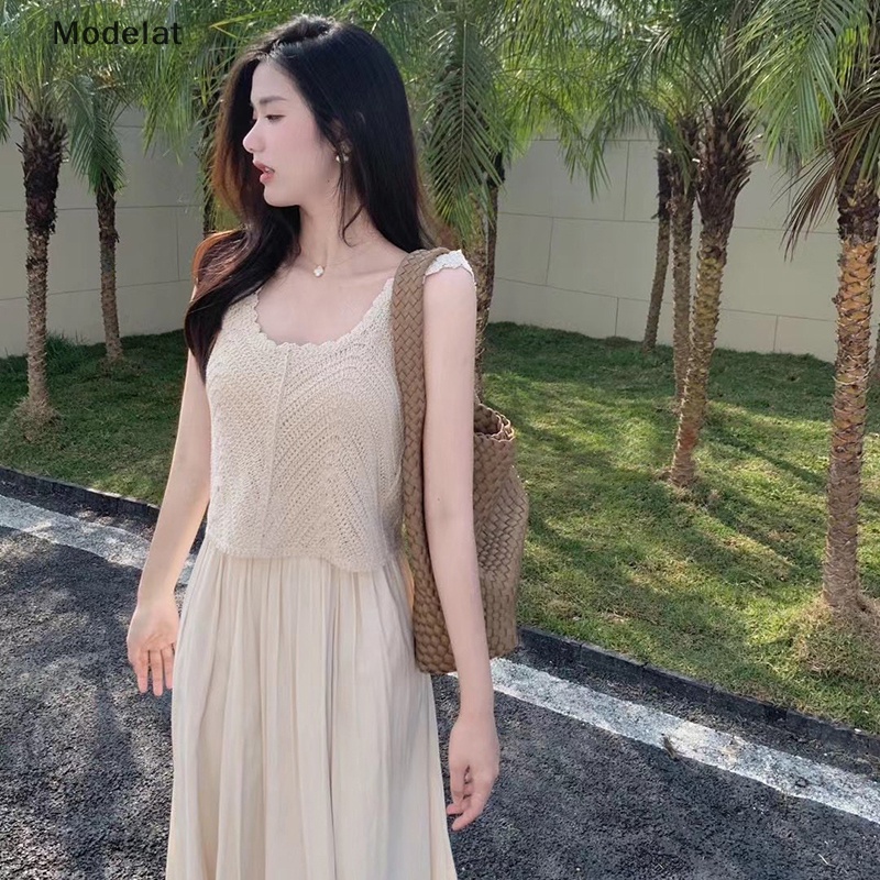 Áo Croptop Dệt Kim Không Tay Màu Trơn Thời Trang Mùa Hè Vintage Dành Cho Nữ