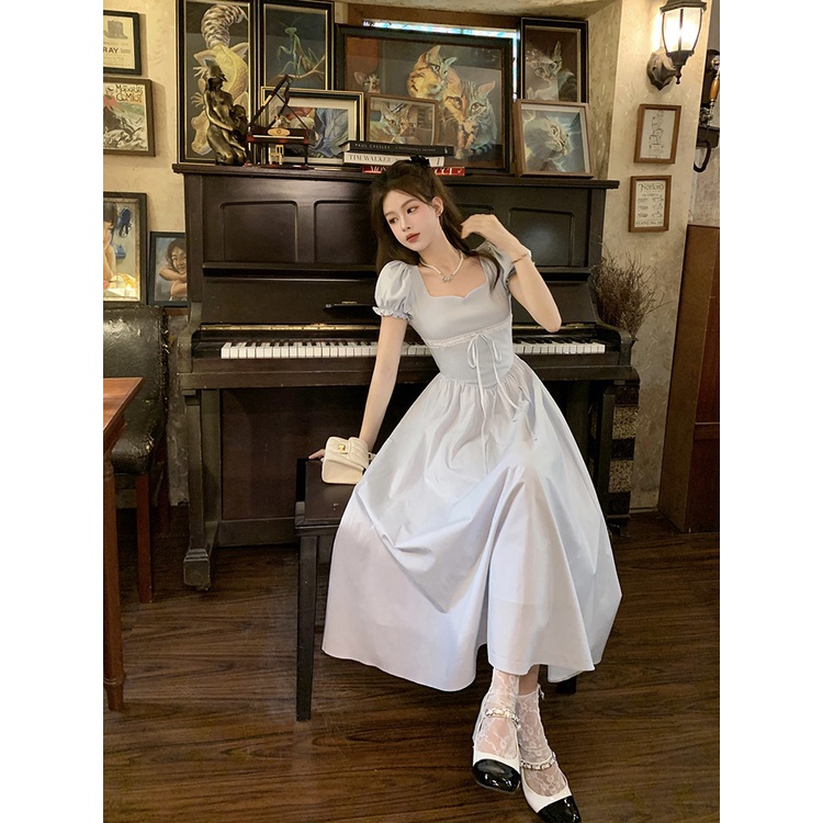 Đầm Dài Dệt Kim Tay Phồng Cột Nơ Phối Họa Tiết Xinh Xắn Thời Trang Cho Nữ