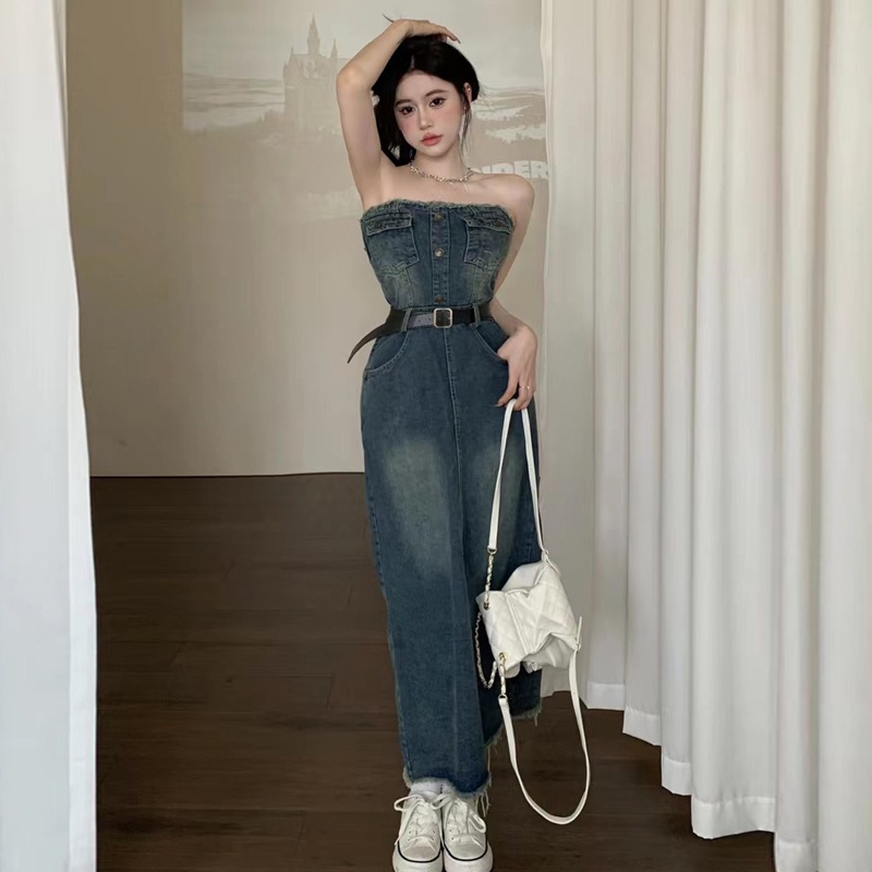 Áo Ống Dáng Dài Phối Tua Rua Chất Liệu Denim Phong Cách Cổ Điển Thời Trang Mùa Hè Quyến Rũ Cho Nữ