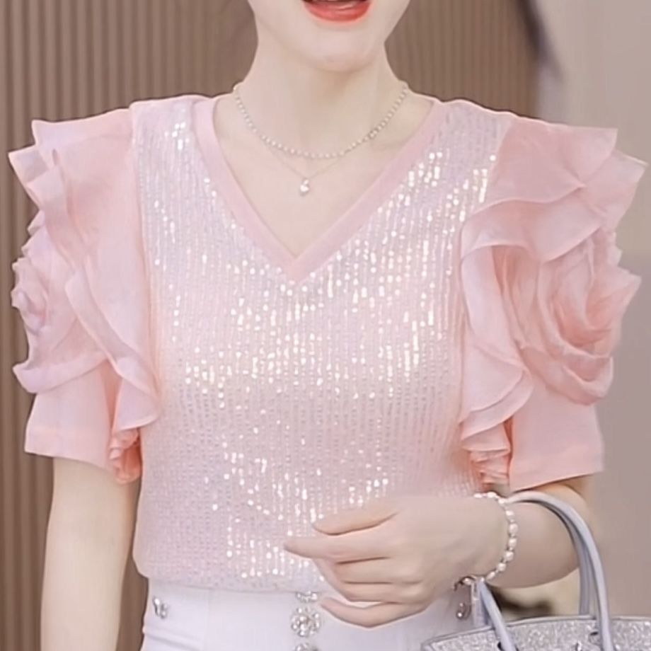 Áo Thun Mùa Hè 2023 Màu Hồng Đính Kim Sa Sang Trọng Nhẹ Nhàng Cho Nữ