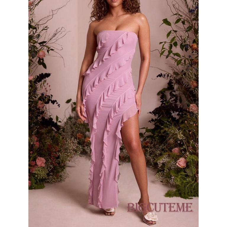 Đầm Hai Dây Ôm Dáng Hở Lưng Nhún Bèo Màu Trơn Thời Trang Cho Nữ