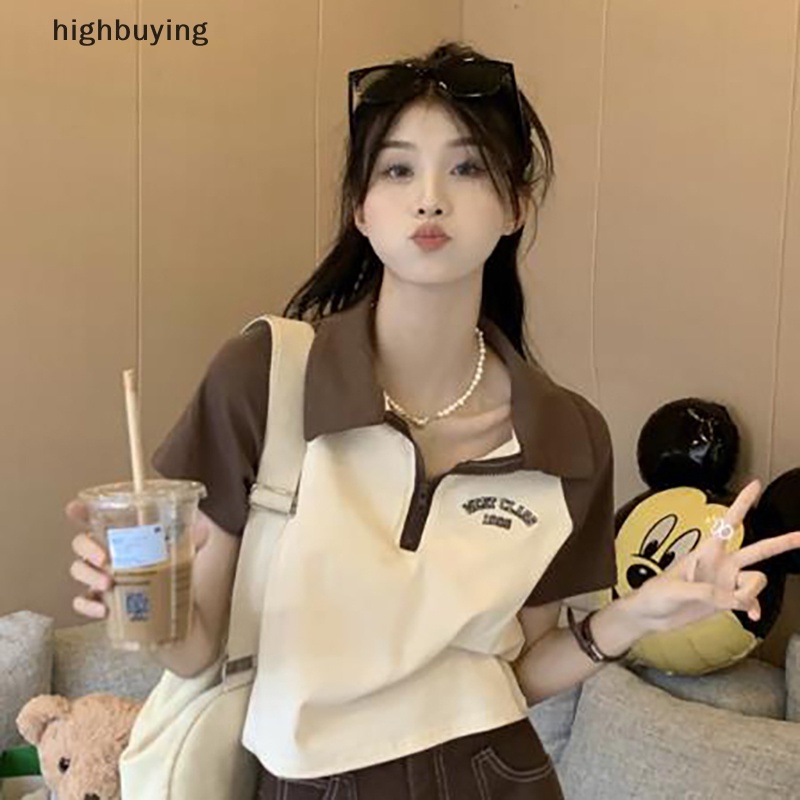 Áo Thun Lửng Tay Ngắn Màu Sắc Tương Phản Phong Cách Retro Cho Nữ