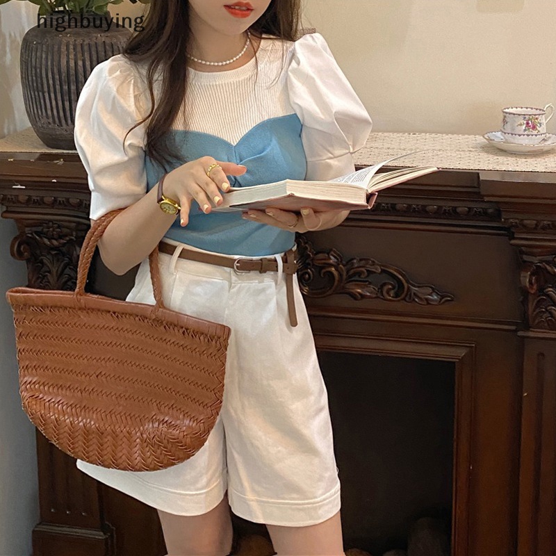 Hbvn Belle Áo Thun Giả Hai Lớp Tay Ngắn Phồng Ôm Dáng Phong Cách Retro Mùa Hè Cho Nữ