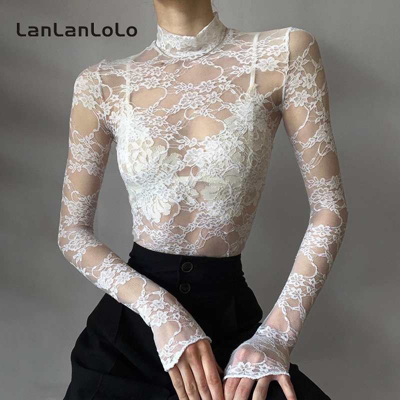 Áo nữ LanLanLoLo ren mỏng xuyên thấu cổ tròn tay dài màu sắc đa dạng thời trang 2023