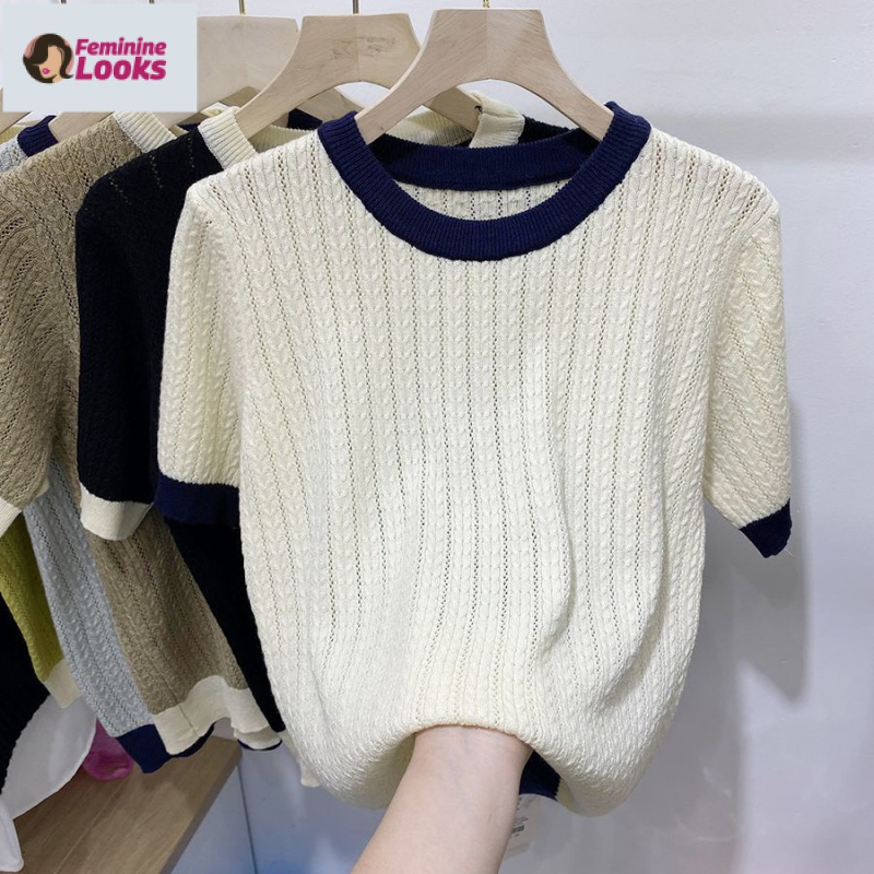 Áo Sweater Tay Ngắn Cổ Tròn Dáng Rộng Vải Lụa Lạnh Kiểu Hàn Quốc Dễ Thương
