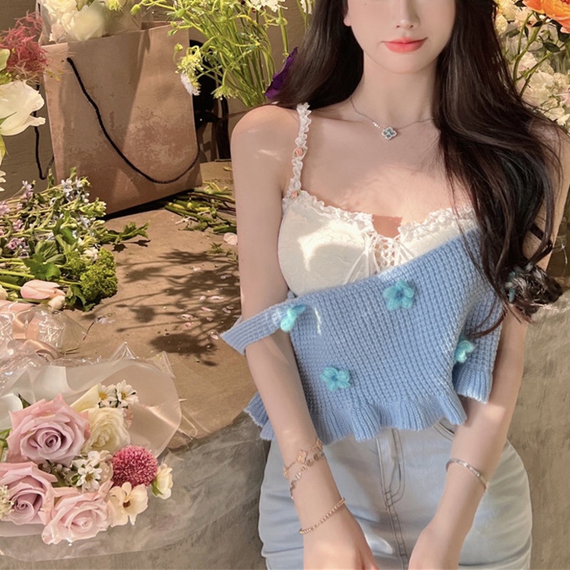 Áo Dệt Kim Hai Dây Xếp Nếp Ba Chiều Màu Trơn Họa Tiết Hoa Nhỏ Tươi Tắn Sang Trọng Dành Cho Bạn Nữ