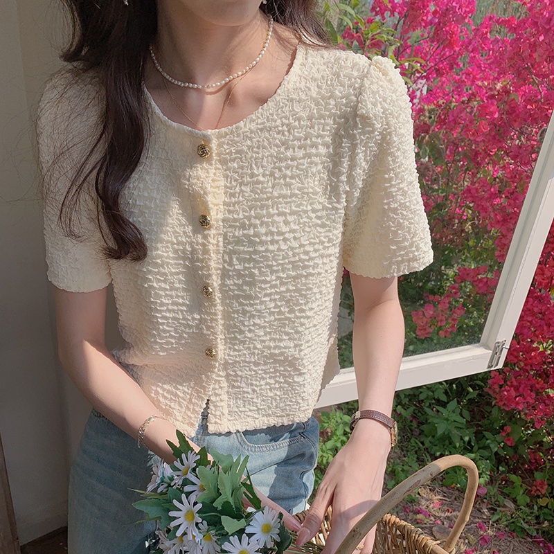 SUXI Áo Kiểu Tay Phồng Ngắn Màu Sắc Đơn Giản Phong Cách Vintage Hàn Quốc