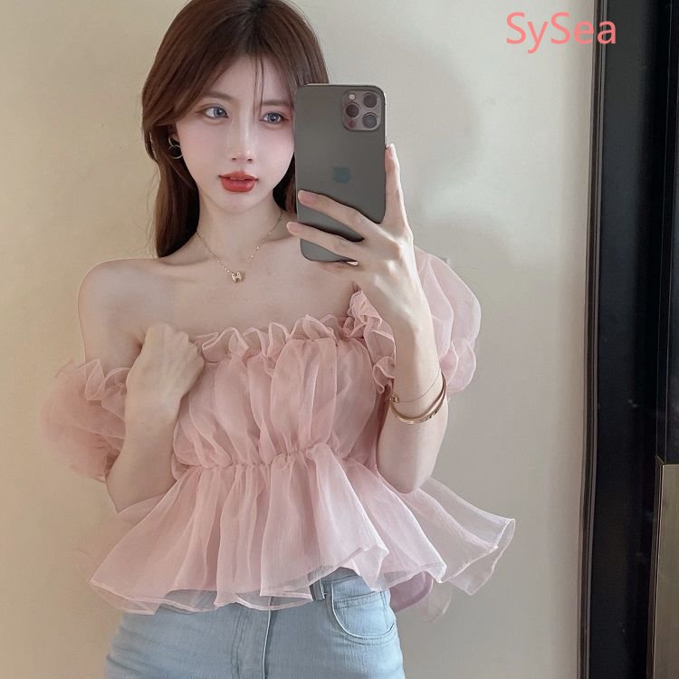 Phụ nữ mùa hè kiểu Pháp Puff Sleeves dây áo sơ mi voan vai