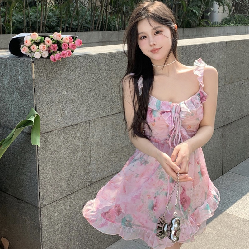 Đầm Hoa Hai Dây Dáng Ngắn Thời Trang Mùa Hè Xinh Xắn Cho Nữ