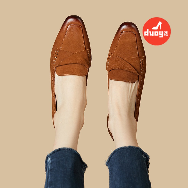 Duoya Giày Da Mềm Gót Dày Vừa Mũi Nhọn Màu Nâu Phong Cách Pháp Cho Nữ