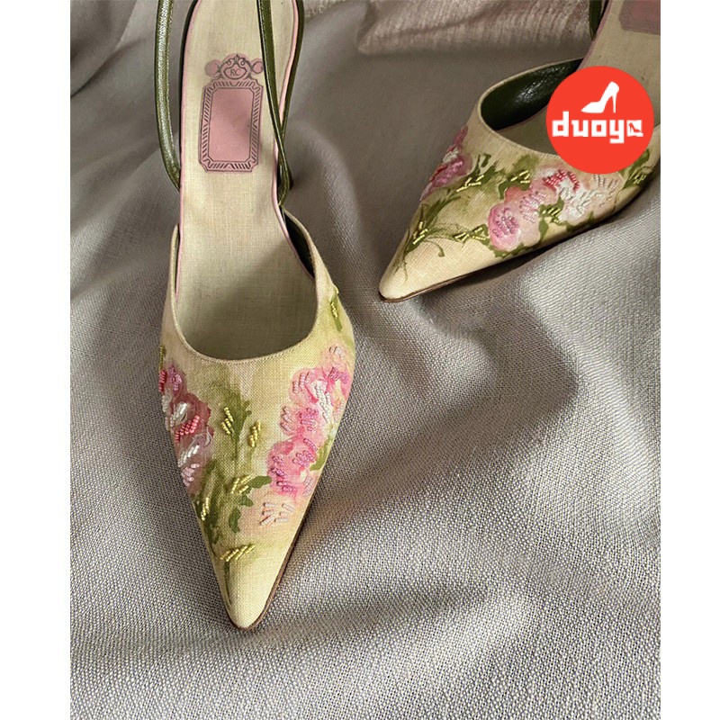 Duoya Giày Cao Gót Mũi Nhọn Miệng Nông Thêu Họa Tiết Phong Cách Trung Hoa Cho Nữ Miễn Phí Vận Chuyển