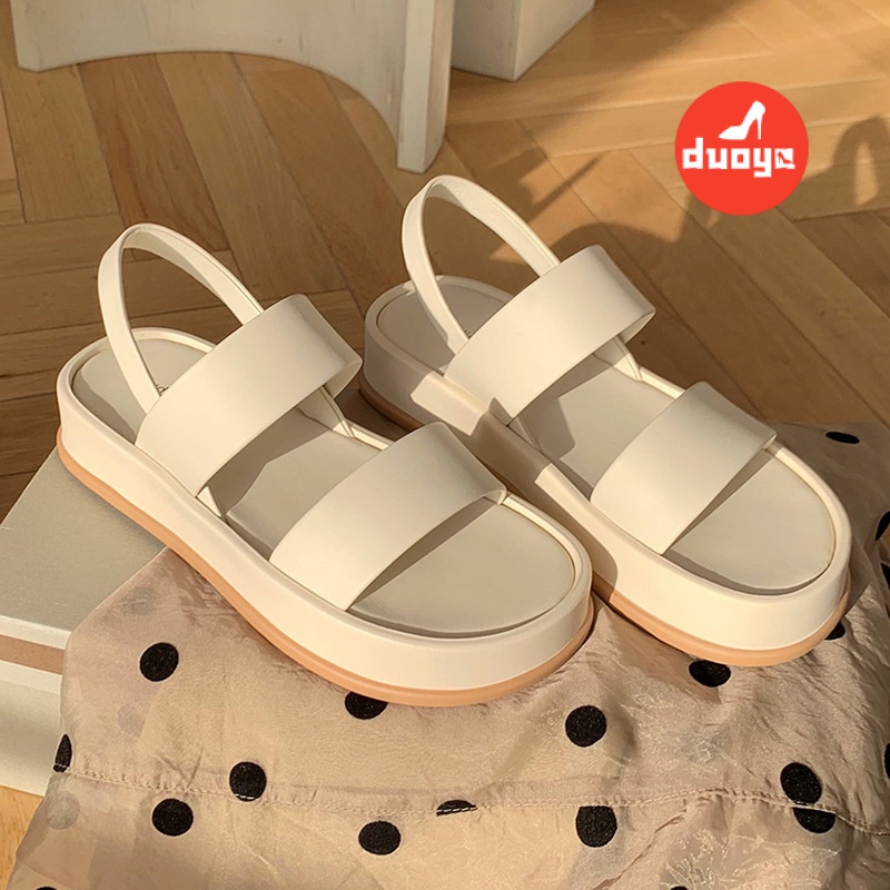 Duoya Tóc Thẳng ~ [Hàng Có Sẵn] Giày Sandal Mũi Tròn Phẳng Đế Dày Hở Ngón Có Dây Đeo Sau Lưng Cho Nữ Miễn Phí Vận Chuyển