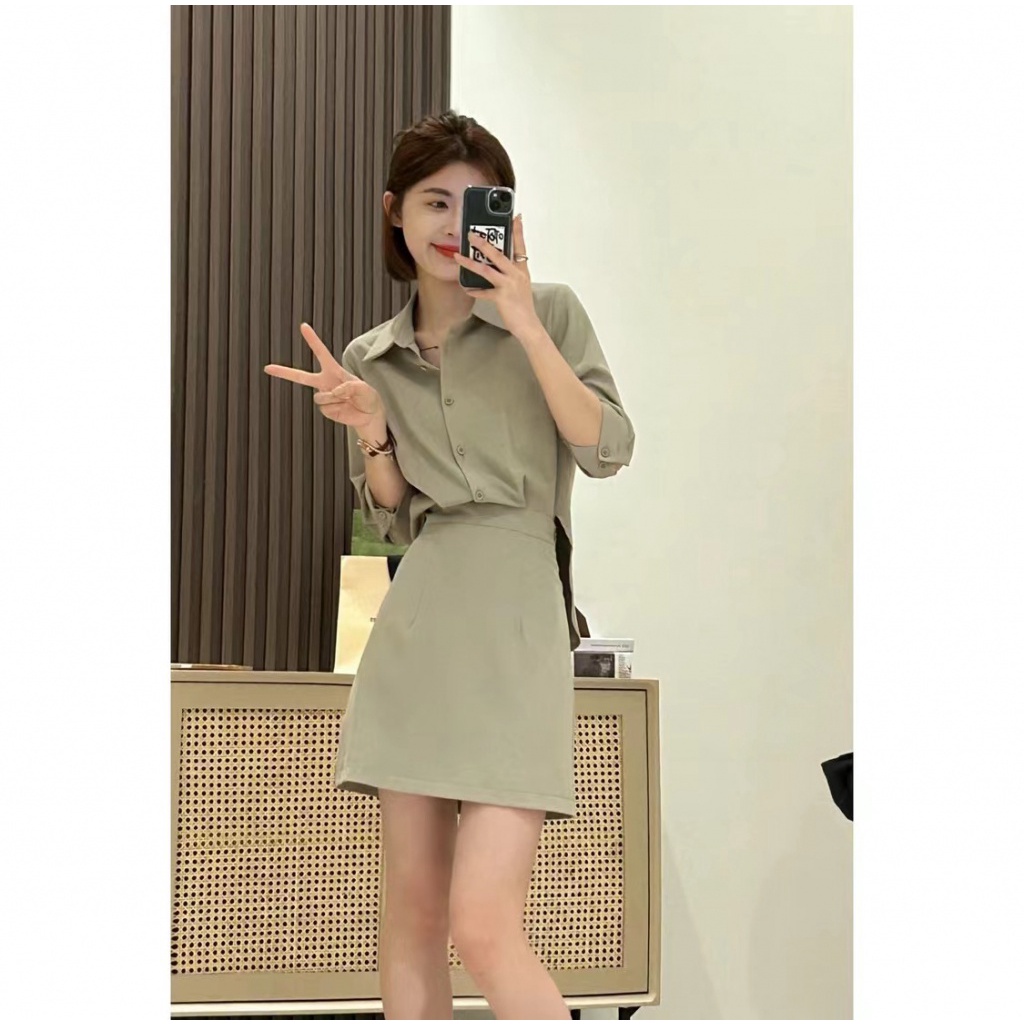 Bộ Áo Sơ Mi polo Phối Chân Váy Nhẹ Chuyên Nghiệp Phong Cách Hồng Kông Cao Cấp Cho Nữ