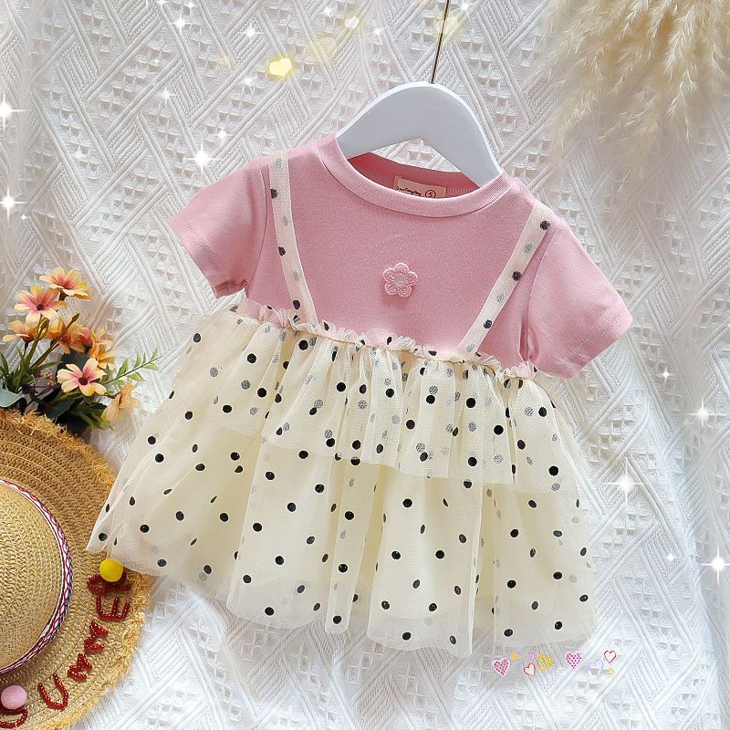 Đầm Công Chúa Mùa Hè Hàn Quốc Tay Cộc Kiểu Lưới Chấm Bi Mới 2023