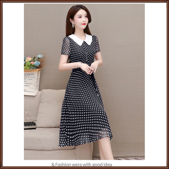 Đầm Dáng Chữ A Tay Ngắn Cổ Búp Bê Họa Tiết Chấm Bi Cỡ Lớn Thời Trang Mùa Hè Cho Nữ