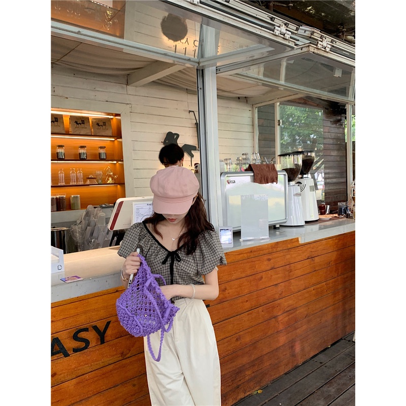 Áo Sơ Mi Ngắn Tay Trễ Vai Cổ Chữ V Họa Tiết Sọc Caro Thời Trang Mùa Hè Cho Nữ