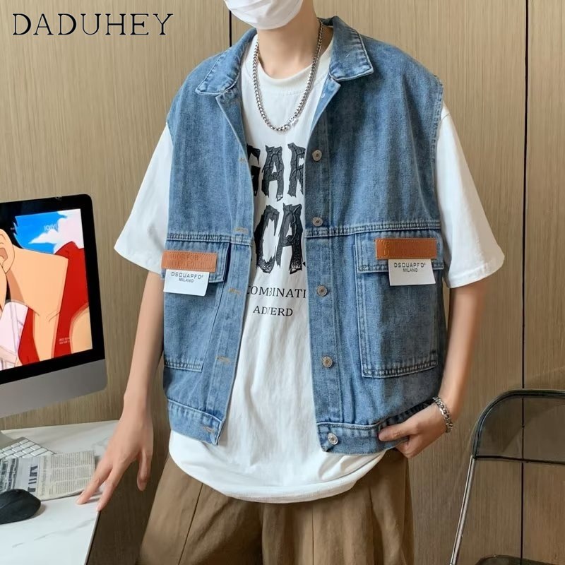 DaDuHey Men's and Women's Hong Kong Style Retro Casual Denim Jacket Vest 2023 All-Match Stitching Sleeveless Jacket