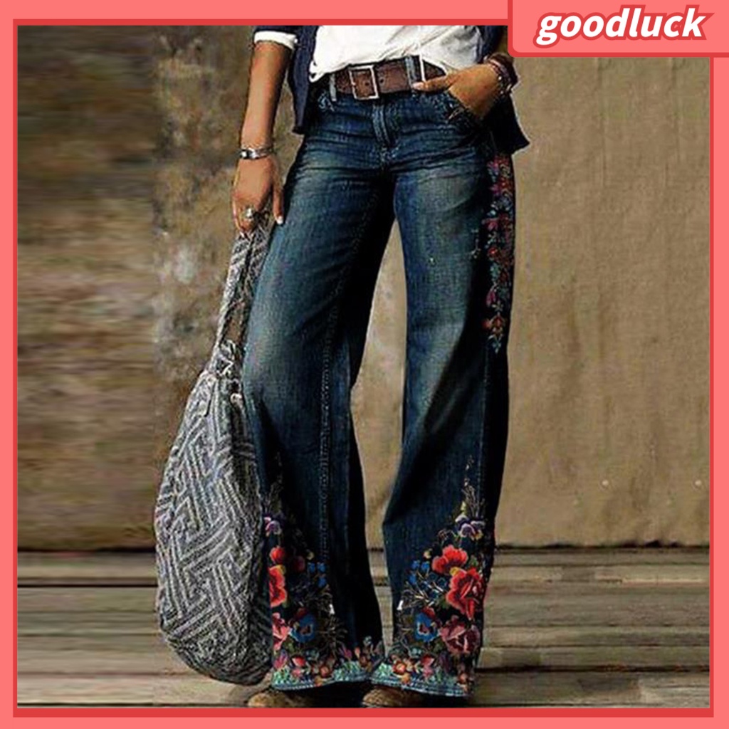 Quần Jean Dài Ống Rộng Lưng Cao In Họa Tiết Hoa Phong Cách Cổ Điển Thời Trang Cho Nữ