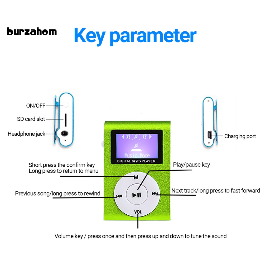 Máy Nghe Nhạc MP3 Mini Màn Hình LCD Hỗ Trợ Thẻ TF Có Kẹp Kim Loại Cổng USB