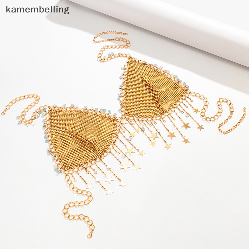 Kamembelling Áo Croptop Dây Xích Hở Lưng Phối Tua Rua Hình Ngôi Sao Đính Đá Lấp Lánh Quyến Rũ Cho Nữ