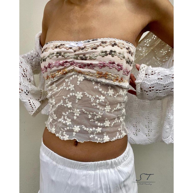 Áo Croptop Không Tay Xuyên Thấu Họa Tiết Hoa Thời Trang Đường Phố CY03