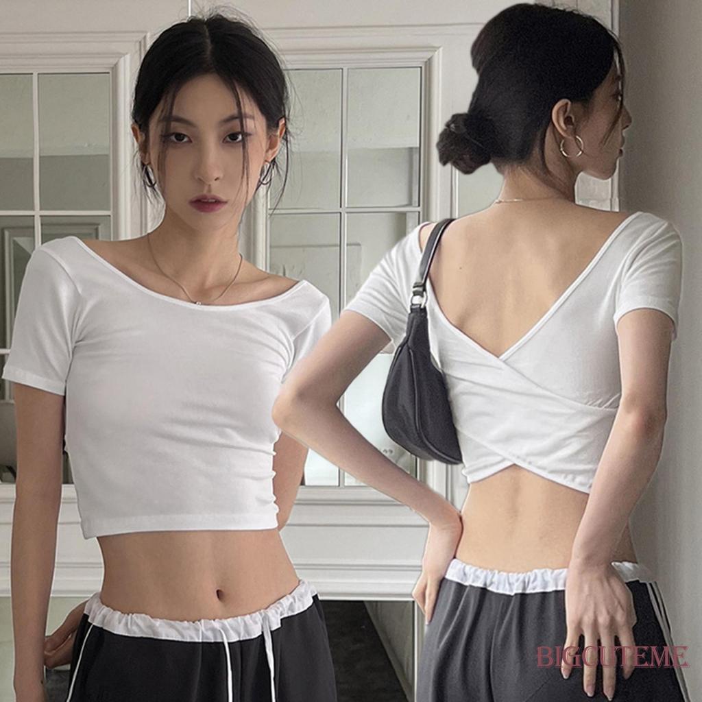 Áo Thun Crop Top Trắng Tay Ngắn Dây Chéo Lưng Thời Trang Mùa Hè Cho Nữ