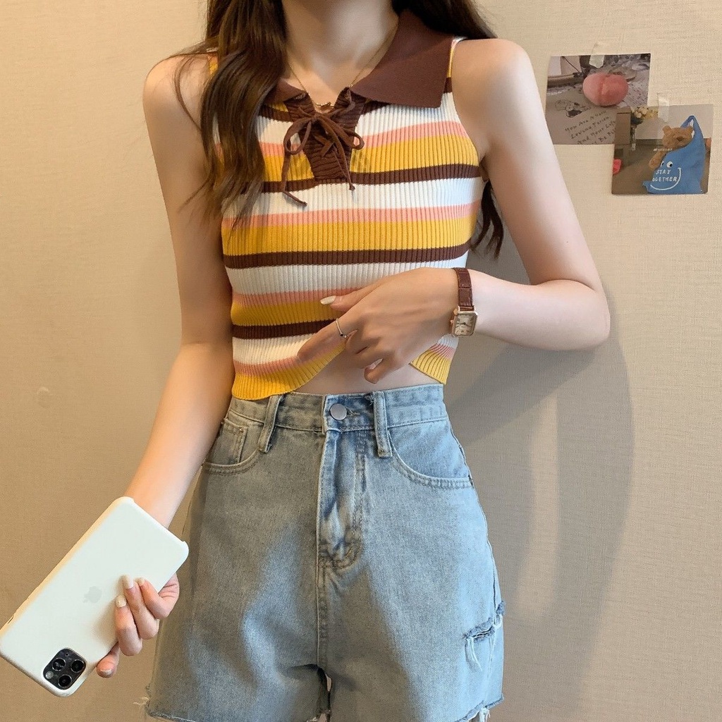 Áo Hai Dây Cổ Polo Họa Tiết Kẻ Sọc Màu Tương Phản Phong Cách Retro Thời Trang Mùa Hè Cho