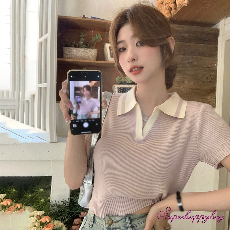 Áo Croptop Dệt Kim Tay Ngắn Cổ Bẻ Màu Sắc Tương Phản Thời Trang Cho Nữ