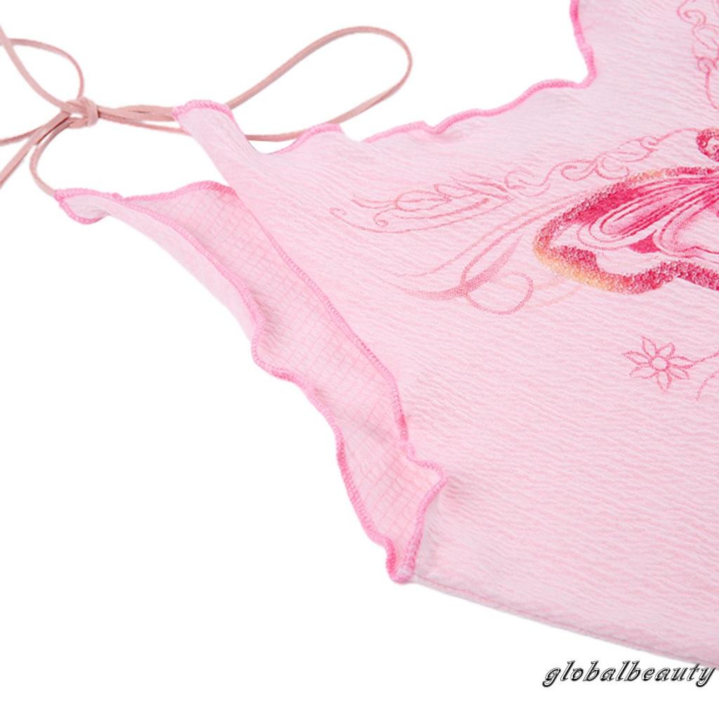 Áo Hai Dây Cổ Chữ V Buộc Dây Hở Lưng In Họa Tiết Bướm Thời Trang Mùa Hè Cho Nữ