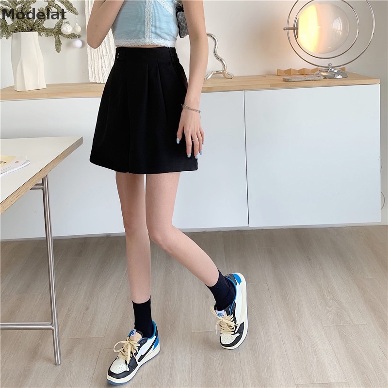 Quần Short Chữ A Lưng Cao Ống Rộng Màu Đen Phong Cách Hàn Quốc Thời Trang Xuân Hè 2023 Cho Bạn Gái