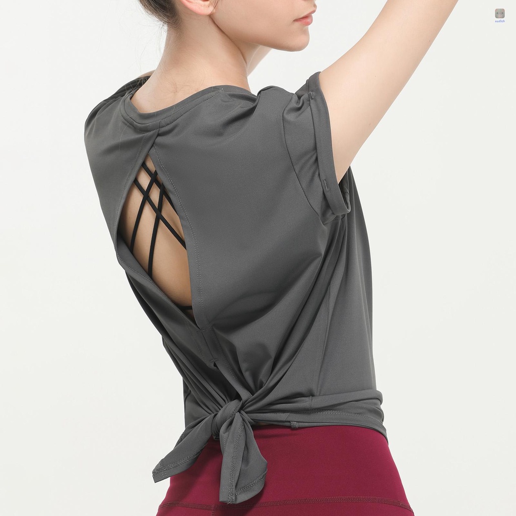 Áo Thun Thể Thao Ngắn Tay Cổ Tròn Hở Lưng Khô Thoáng Nhanh Cho Nữ