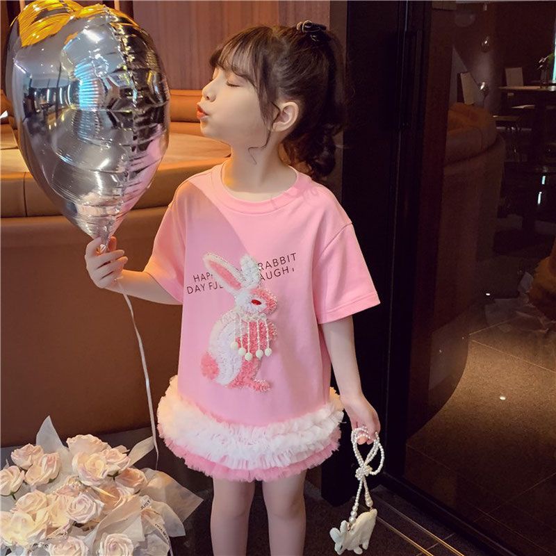 Đầm Thun Cotton Tay Ngắn In Hình Thỏ Thời Trang Mùa Hè Mới Cho Bé Gái