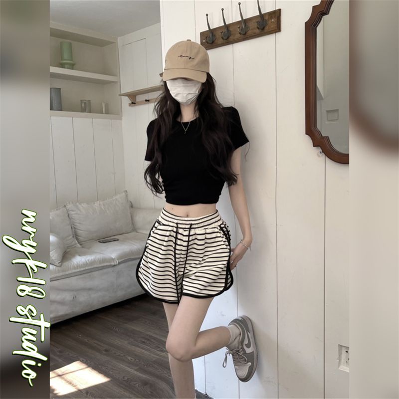 Quần Short Thể Thao Lưng Thun Ống Rộng Họa Tiết Kẻ Sọc Phong Cách Hàn Quốc Thời Trang Mùa Hè Cho Nữ