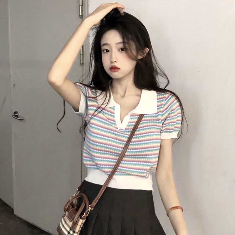 Áo Thun POLO Tay Ngắn Dáng Rộng Màu Tương Phản Thời Trang Mới 2023 Cho Nữ