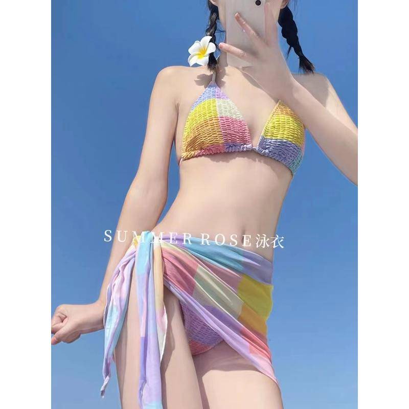 Bộ Đồ Bơi Ba Mảnh Màu Cầu Vồng Phong Cách Âu Mỹ Quyến Rũ Cho Nữ