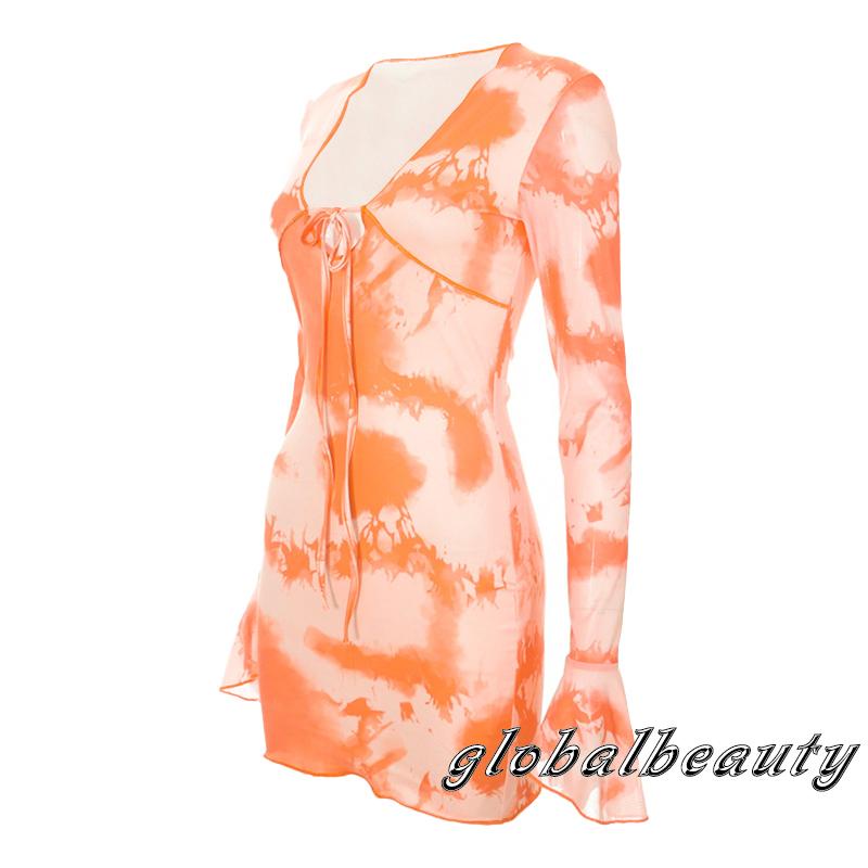 Đầm Tay Dài Cổ Chữ V Họa Tiết Màu Nhuộm Thời Trang Mùa Hè Cho Nữ