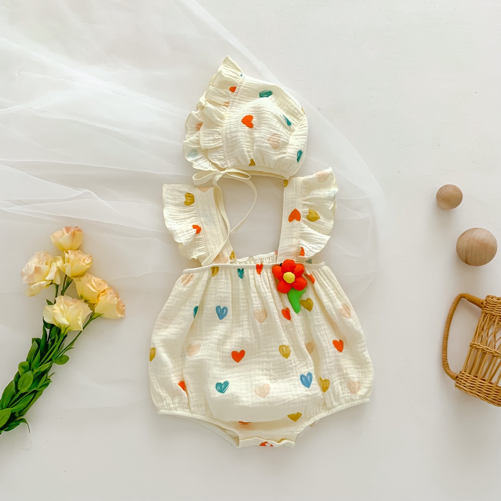 Bộ Áo Liền Quần Hai Dây Bằng Vải Cotton Họa Tiết Hoa Ba Chiều Kèm Mũ Thời Trang Mùa Hè Cho Bé Gái