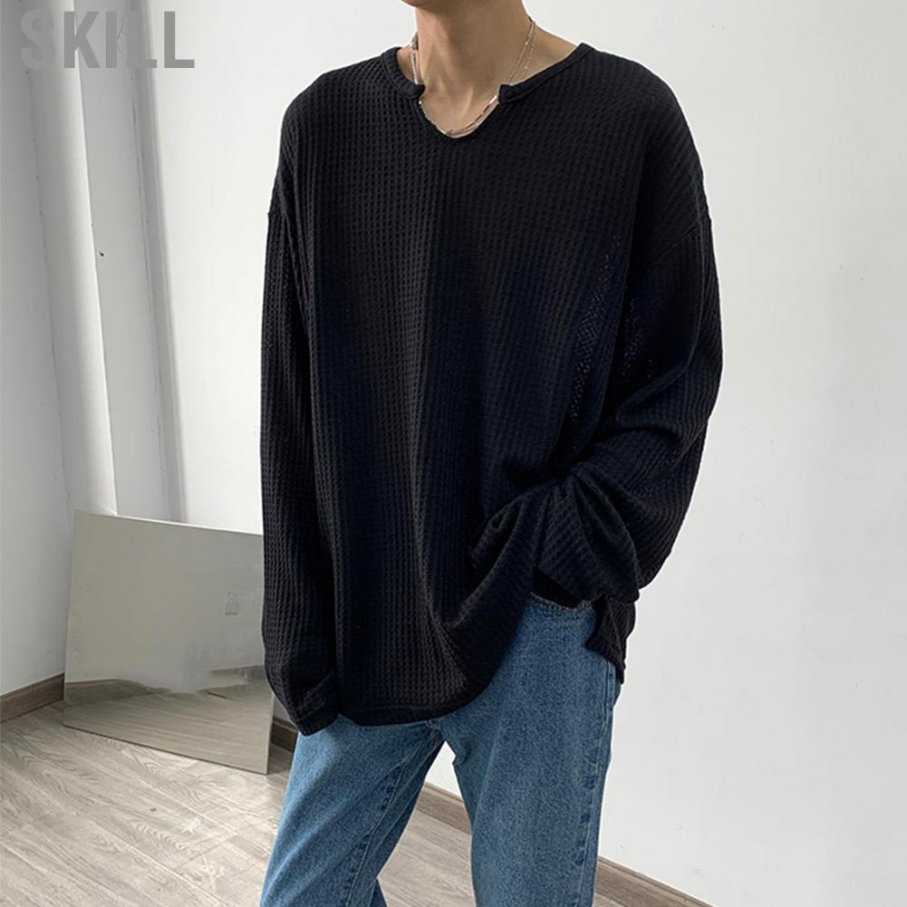 Skill Men Long Sleeve T Shirt  Handsome Fashionable Simple V Neck Comfortable for Outdoor Work