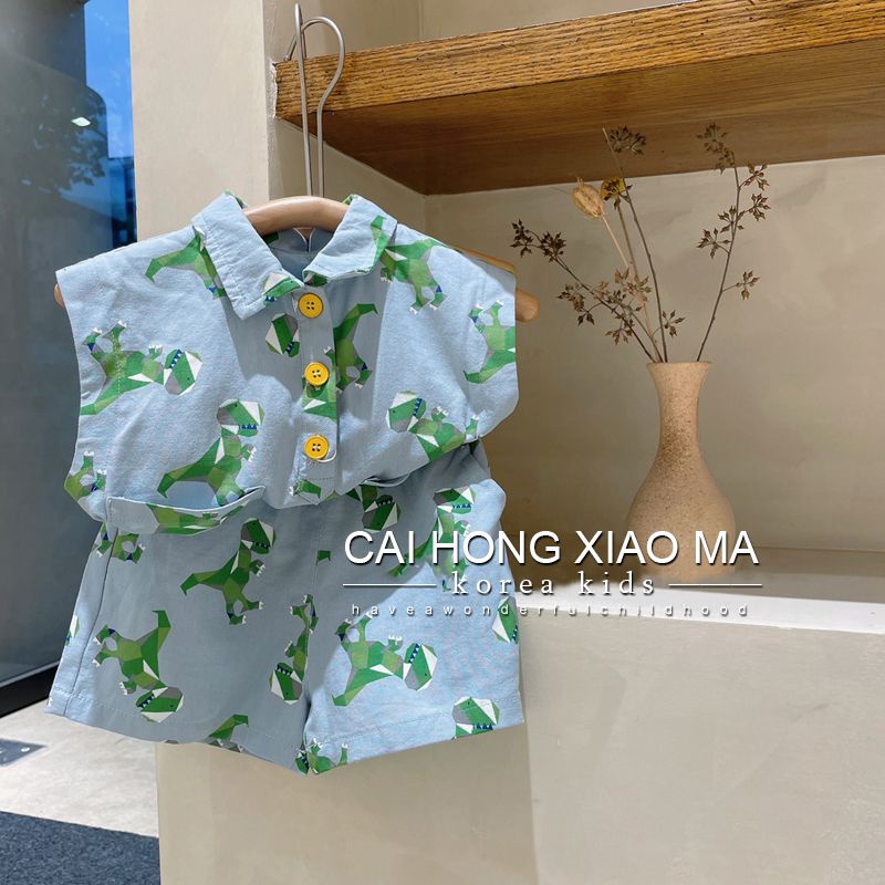 Set Áo Sát Nách Họa Tiết Khủng Long + Quần Short Thời Trang Cho Bé