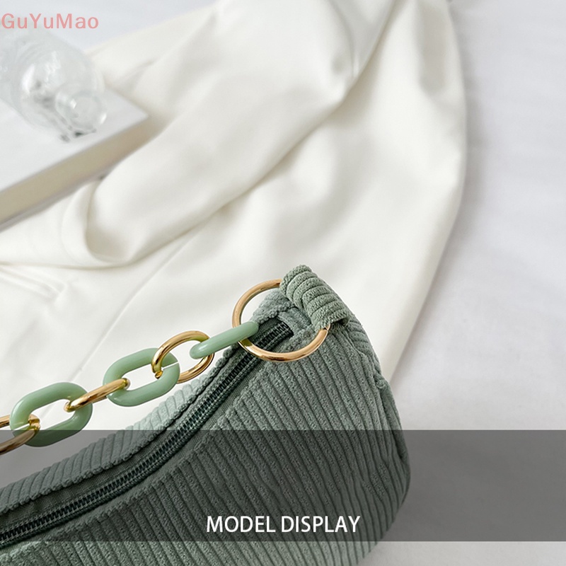 [cxGUYU] Túi Xách Đeo Dưới Cánh Tay / Đeo Vai / Cầm Tay Bằng Nhung Kẻ Màu Trơn Có Khóa Kéo Thời Trang Thường Ngày Prt