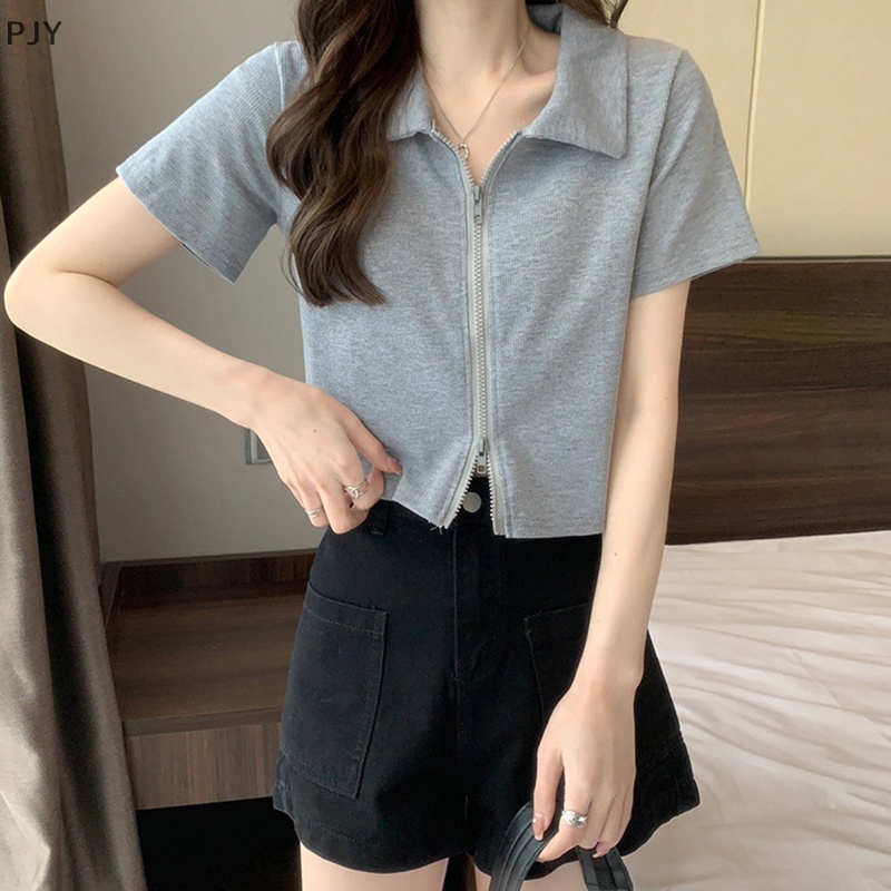 Áo Crop Top Tay Ngắn Có Khóa Kéo Đôi Màu Trơn Thời Trang Mùa Hè Dành Cho Nữ PJ
