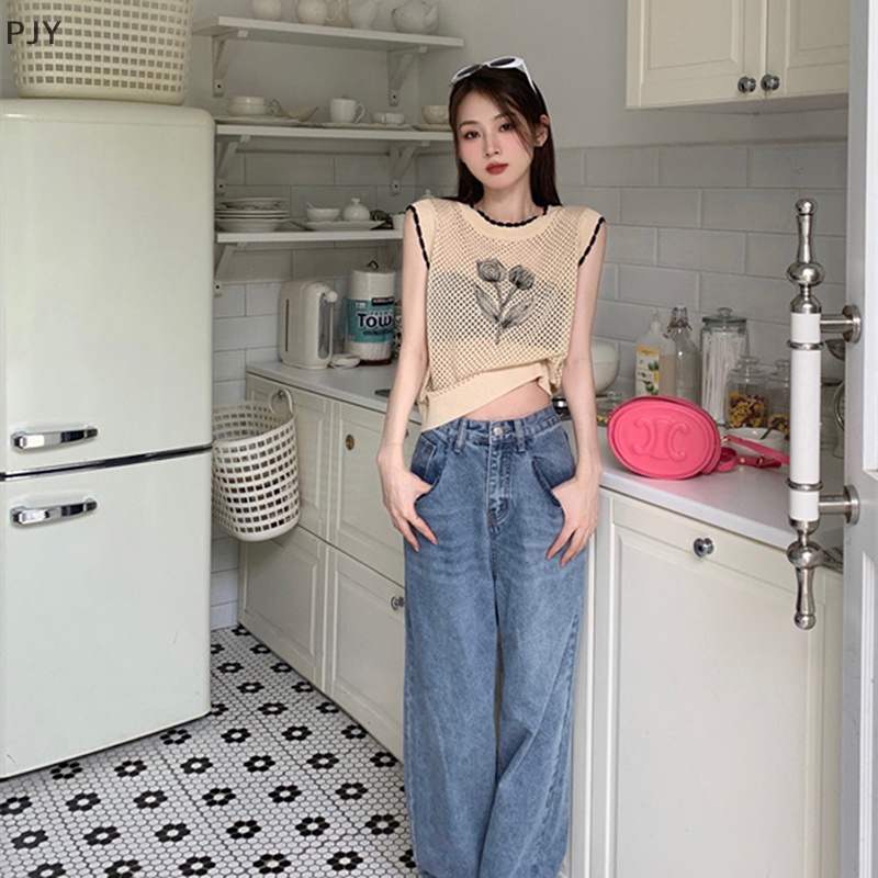 Áo Dệt Kim Sát Nách Dáng Rộng In Hoa Khoét Rỗng Kiểu Retro Thời Trang Mùa Hè Cho Bạn Gái PJ