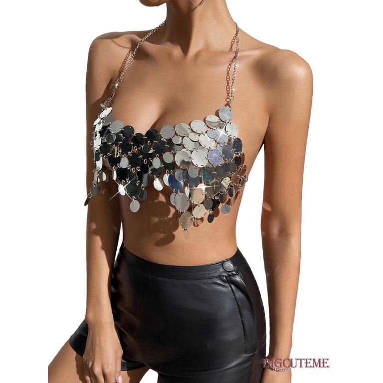 [] - Áo Crop Top Không Tay Đính Kim Sa Bạc Thời Trang Dự Tiệc Cho Nữ