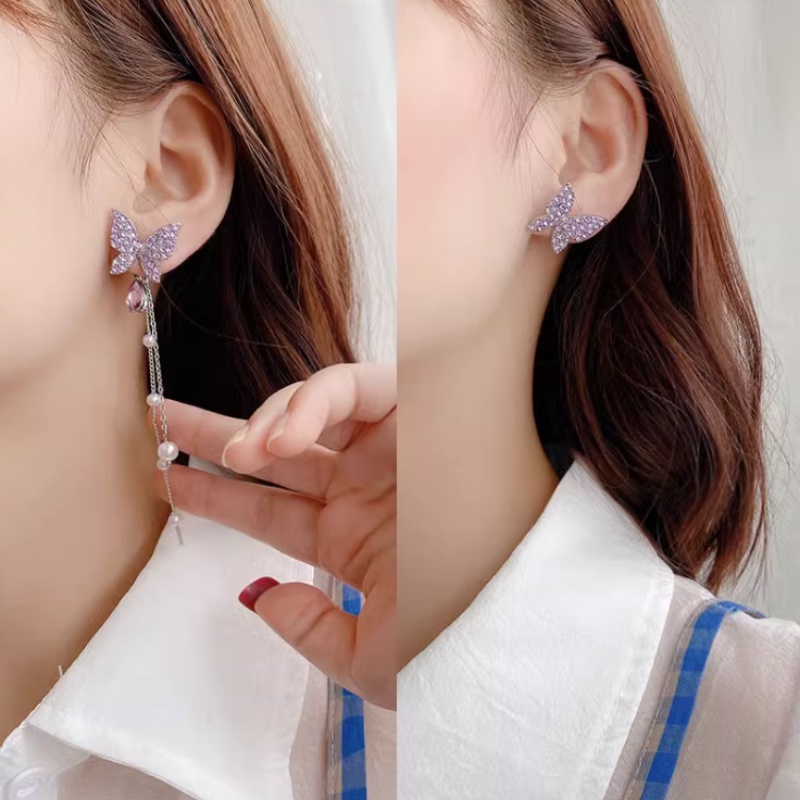 Bông Tai Tua Rua Hình Bướm Màu Tím Đính Đá Pha Lê Hai Chiều Phong Cách Hàn Quốc Dễ Thương Cho Nữ