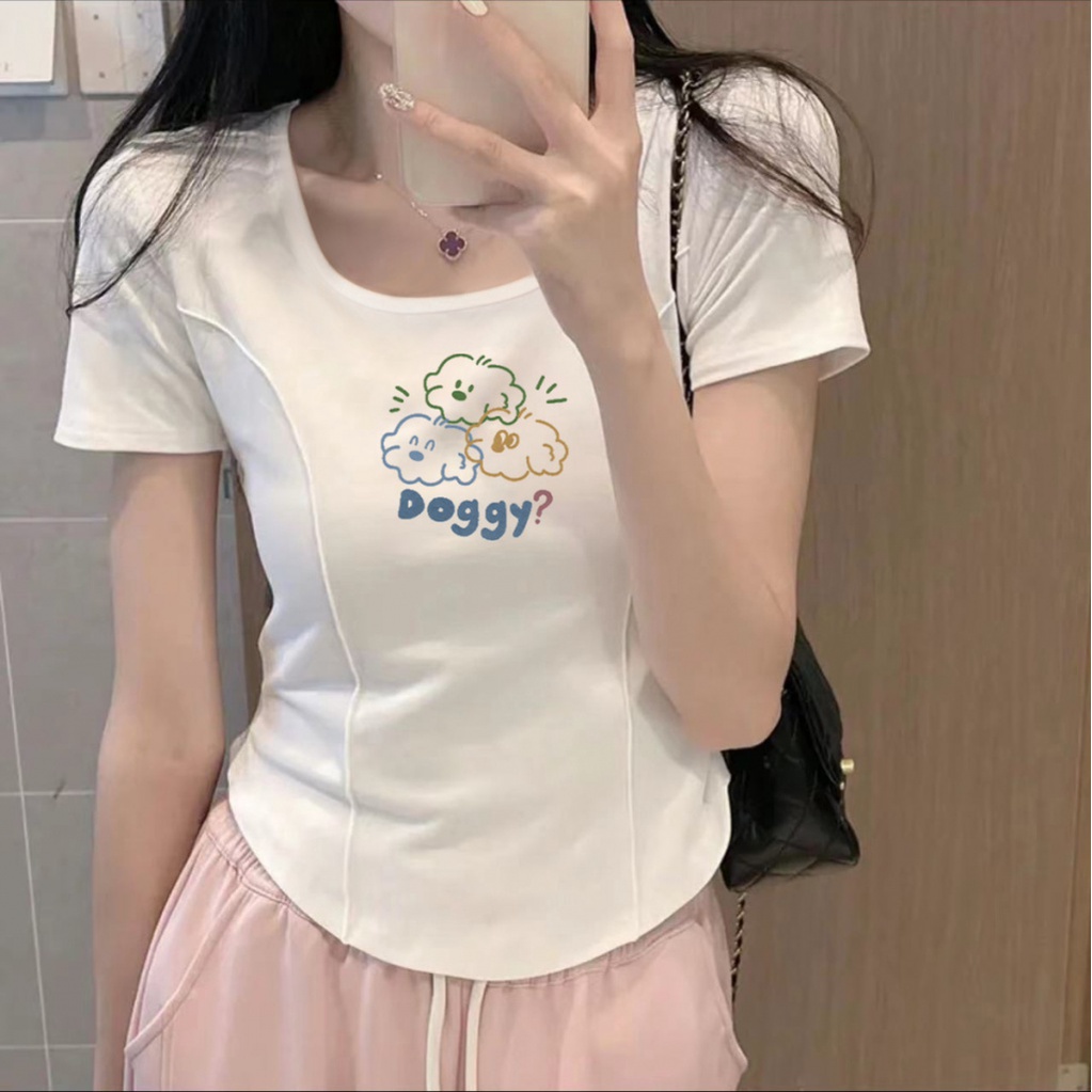 Áo Thun baby tee croptop nữ Cotton Nguyên Chất Cổ Vuông Ngắn Tay Dáng Rộng In Họa Tiết Kiểu Hàn Quốc Thời Trang Mùa Hè Cho Nữ