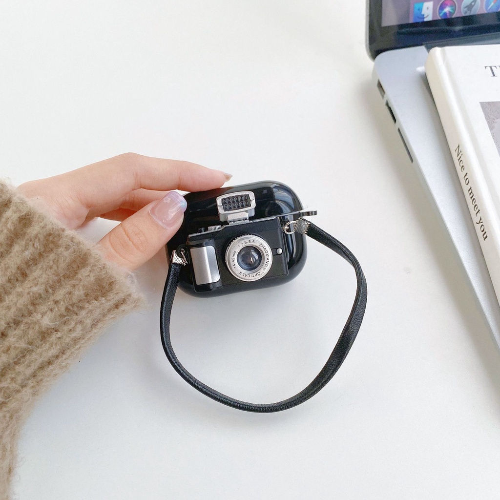 Vỏ Bảo Vệ Hộp Sạc Tai Nghe Bluetooth Airpods 1 2 3 Pro Airpods3 Bằng TPU Dẻo Hình Máy Ảnh 3D Màu Đen Bóng Kiểu Vintage